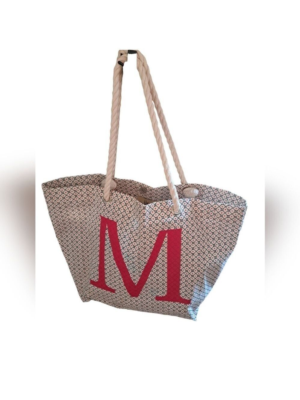 VERA NEW YORK POPPY canvas open tote bag monogrammed 'M' Geometric coastal bag